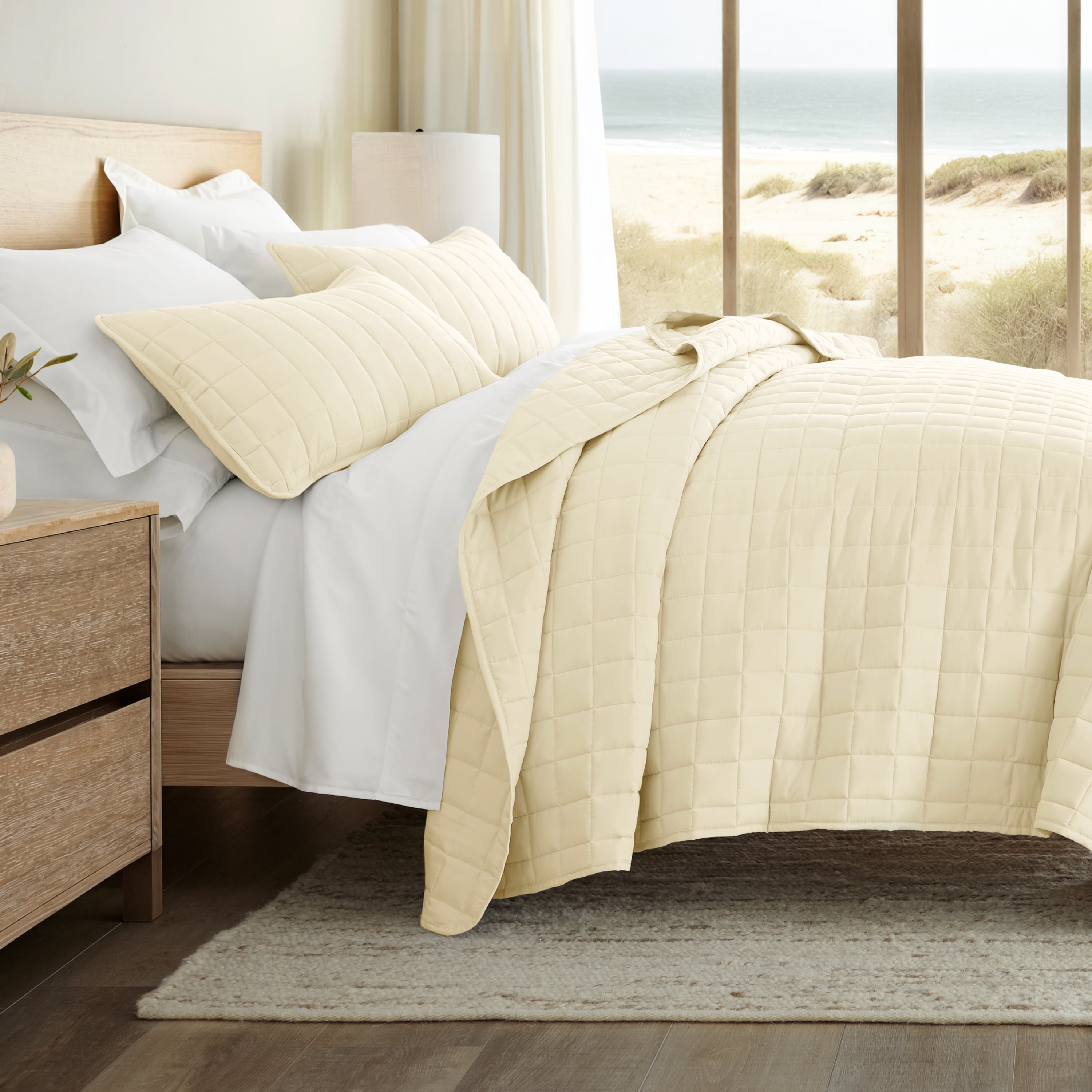 Noble Linens Yellow Square Pattern Quilted Coverlet Set, Full/Queen