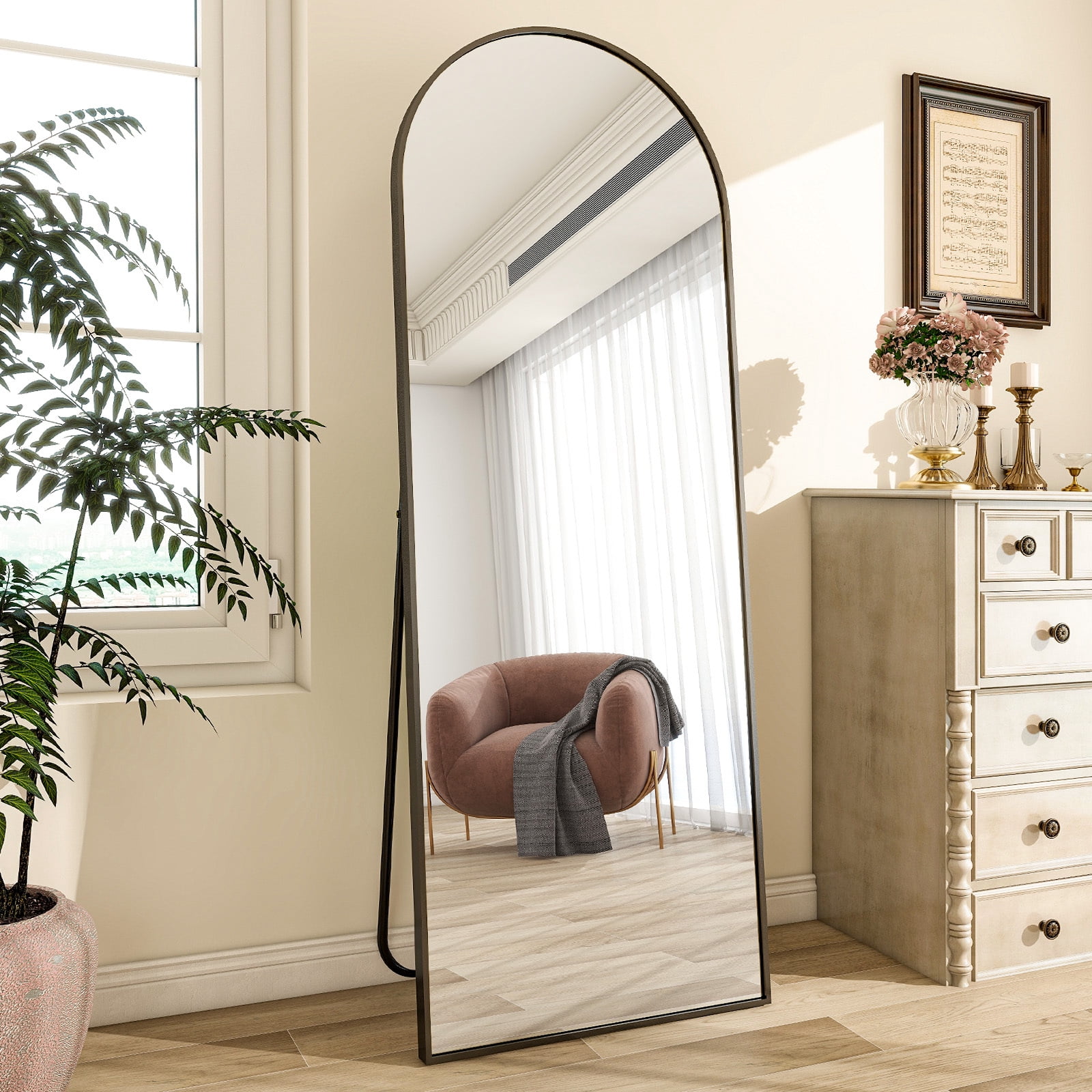 SEETHRUGLIMMER 64"x 21.25" Arched Full Length Mirror Metal Frame Floor Mirror with Stand, Black
