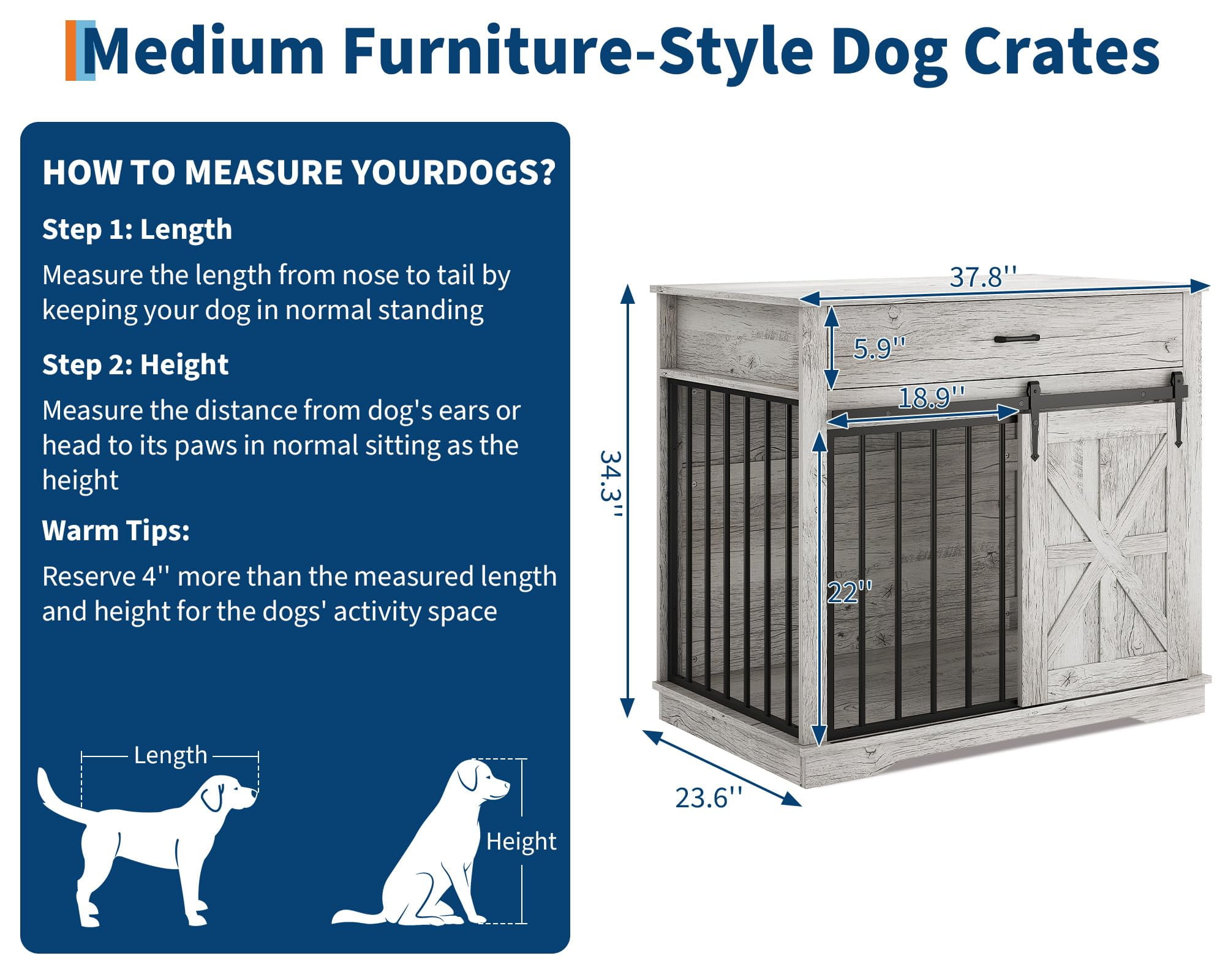 37.8" Wooden Dog Crate Furniture - Indoor Kennel Table & House for Large, Medium & Small Dogs