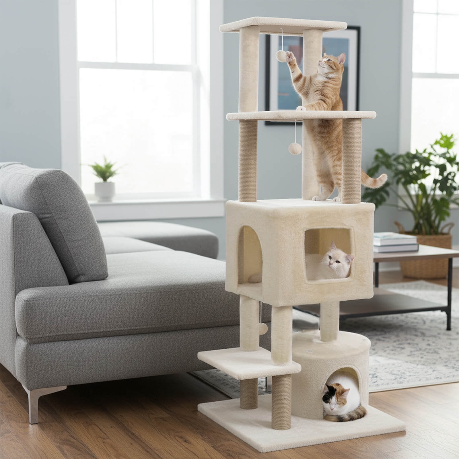 Costway 64” Tall Cat Tree with 2 Large Condos, Jute Scratching Posts, Plush Top Perch Beige