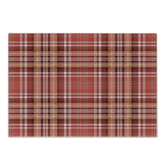 Checkered Cutting Board, Red Pink Orange Geometric Pattern White Lines Cells Graphic, Decorative Tempered Glass Cutting and Serving Board, Small Size, Dark Coral Orange White, by Ambesonne