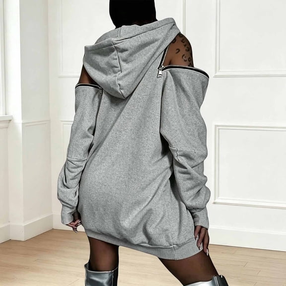 Women Hoodies Off-shoulder Hoodies Long Sleeve Plain Tunic Cold Shoulder Pullover Oversized Hooded Sweatshirt Women's Fall 2026 Outfits(Light Gray,XL)