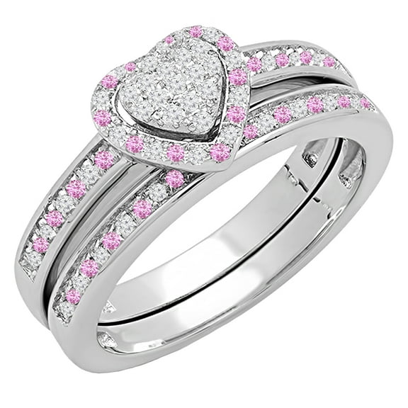 Dazzlingrock Collection Round Pink Sapphire & White Diamond Heart Bridal Engagement Ring with Band Set for Women in 10K White Gold, Size 6.5