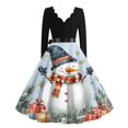 thumbnail image 3 of Women's Casual Fashion Christmas Holiday Print V-Neck Vintage Dress for Retro Style Holiday Parties and Casual Outings,Light Blue,XL, 3 of 4