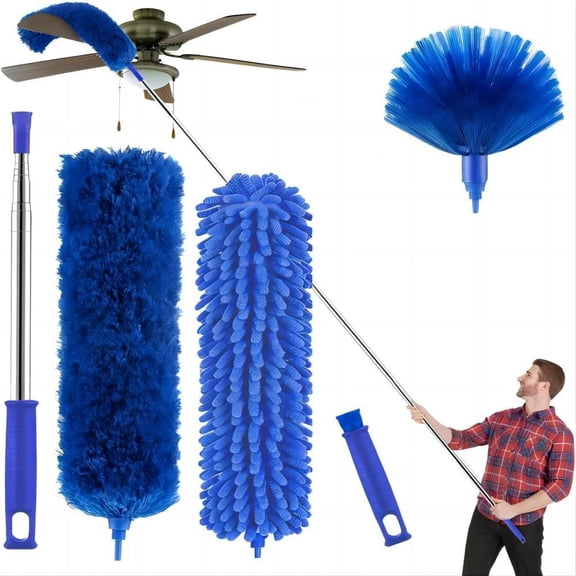 Cobweb Duster with Extension Pole, Washable Cleaning Kit 3 Heads, Duster, Corner Brush, 15-100 Inch Long Aluminum Telescoping Pole for Ceiling Fan (Blue)
