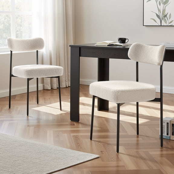 VEVOR Boucle Dining Chairs Set of 2, Mid Century Modern Sherpa Accent Chairs,Upholstered Side Chair for Dining Table,Space-Saving White Kitchen Table Chair with Curved Backrest and Black Metal Legs