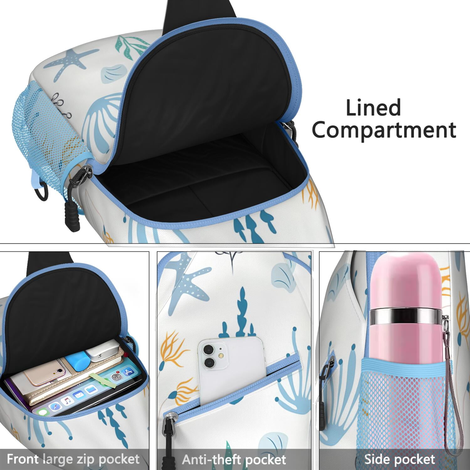 Marine Life Crossbody Bag - Ocean Themed Anti-Theft Shoulder Backpack for Travelers - Versatile Wear with Zipper Pockets for Summer Outdoor Activities