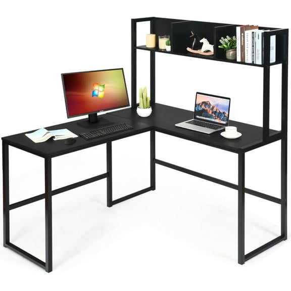 Spaco Reversible L-Shaped Corner Desk with Storage Bookshelf-Black, Office Desk, Gaming Computer Desks for Study,Working,Writing