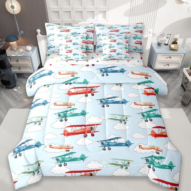 Manfei Colorful Cartoon Airplane 7pcs Bedding Comforter Set,Multicolor Aircraft Theme Queen Bedding Sets For Boys Kids,Reversible