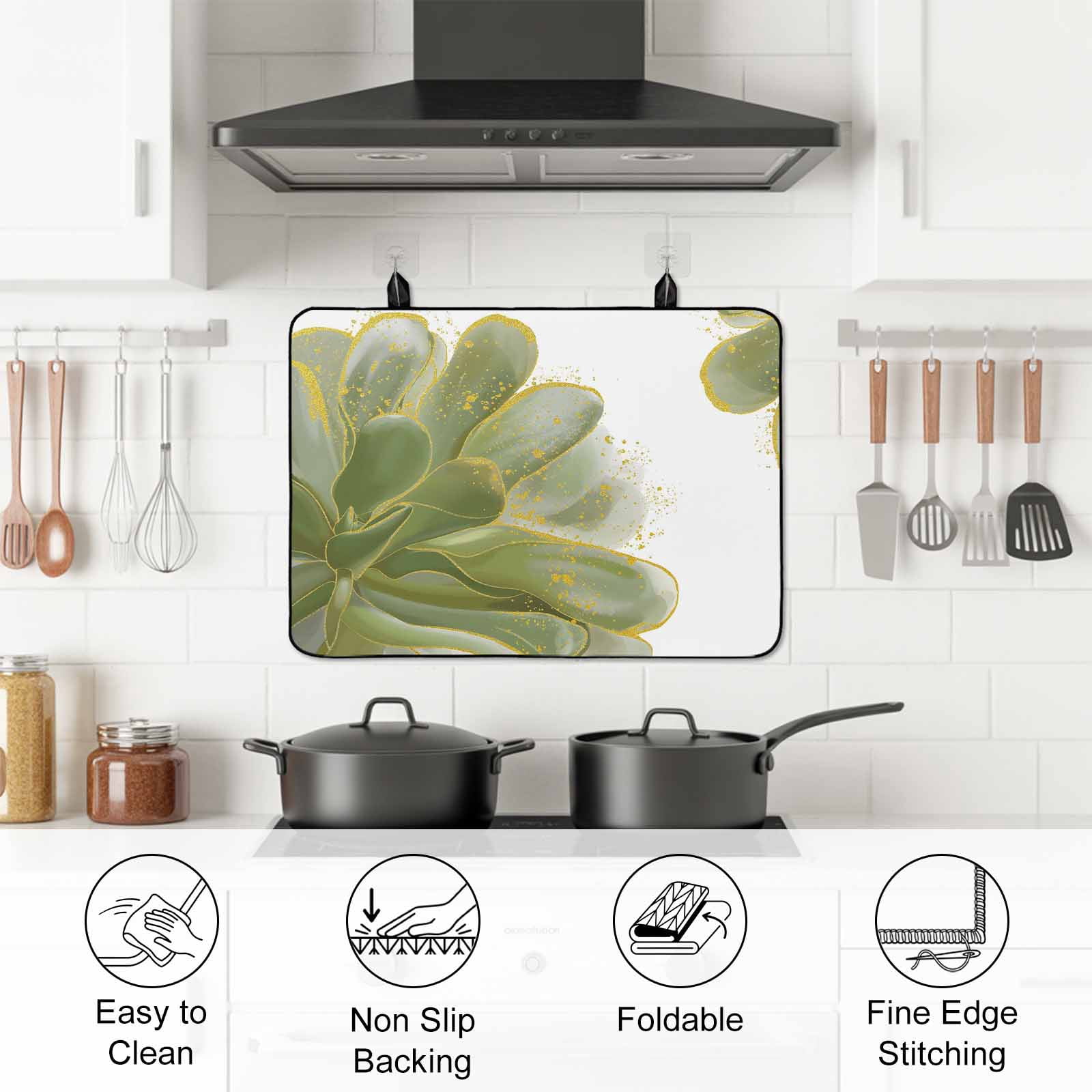 Sage Green Gold Stove Top Cover for Electric Stove, Heat-proof & Non Slip Glass Top Stove Cover Protector, Aesthetics Flower Boho Watercolor Art Kitchen Flat Cooktop Rubber Mat 31x24 Inches