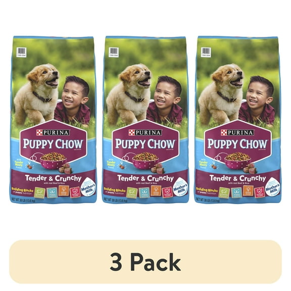 (3 pack) Purina Puppy Chow Dry Dog Food, Tender & Crunchy High Protein Real Beef & Rice, 30 lb Bag