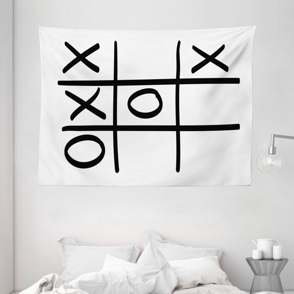 Xo Decor Tapestry, Tic Tac Toe Pattern Unfinished Game Hobby Theme Alphabet Minimalist Artful Image, Wall Hanging for Bedroom Living Room Dorm Decor, 80W X 60L Inches, Black White, by Ambesonne