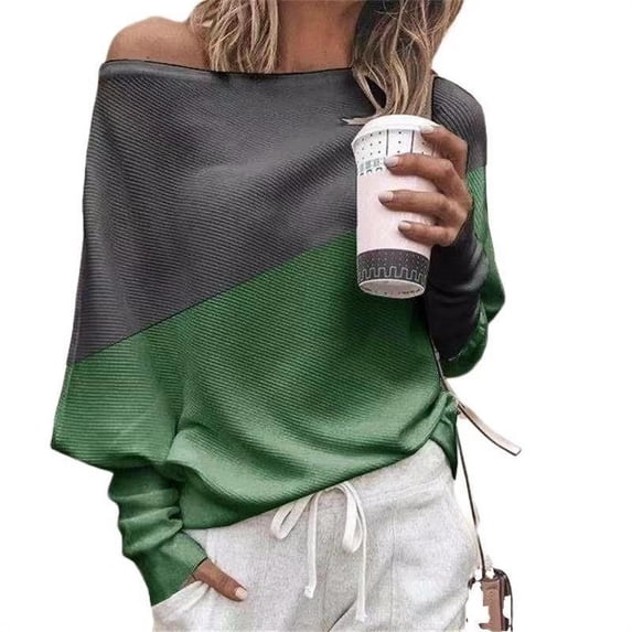 Women's Loose Plus Size Stitching Color Contrast Long Sleeve T-shirt