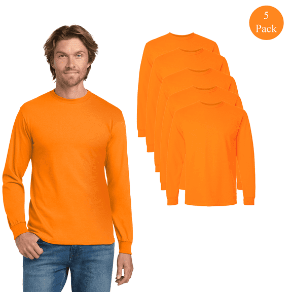 Gildan Unisex High Visibility Ultra Cotton T-Shirt, Hi Vis Long Sleeve Safety Tee, Safety Orange, 5 Pack, S