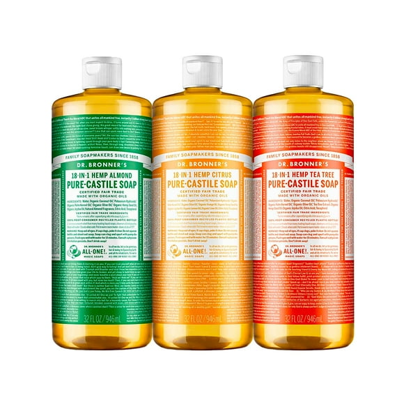 Dr. Bronner's - Savon Liquide Pur-Castile (32 oz Assortiment) Amande, Agrumes, & Arbre à Thé - Fabriqué avec des Huiles Biologiques, 18-en-1 Utilisations : Visage, Corps, Cheveux, Lessive, Animaux et Vaisselle