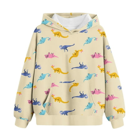 

DOSUKRAI Kids Dinosaur Hooded Sweatshirt Kids Cute Dinosaur Print with Hooded Kangaroo Pocket Boys Girls Outwear Fashion Fall Winter Clearance Sales Today Deals Beige 7 Years