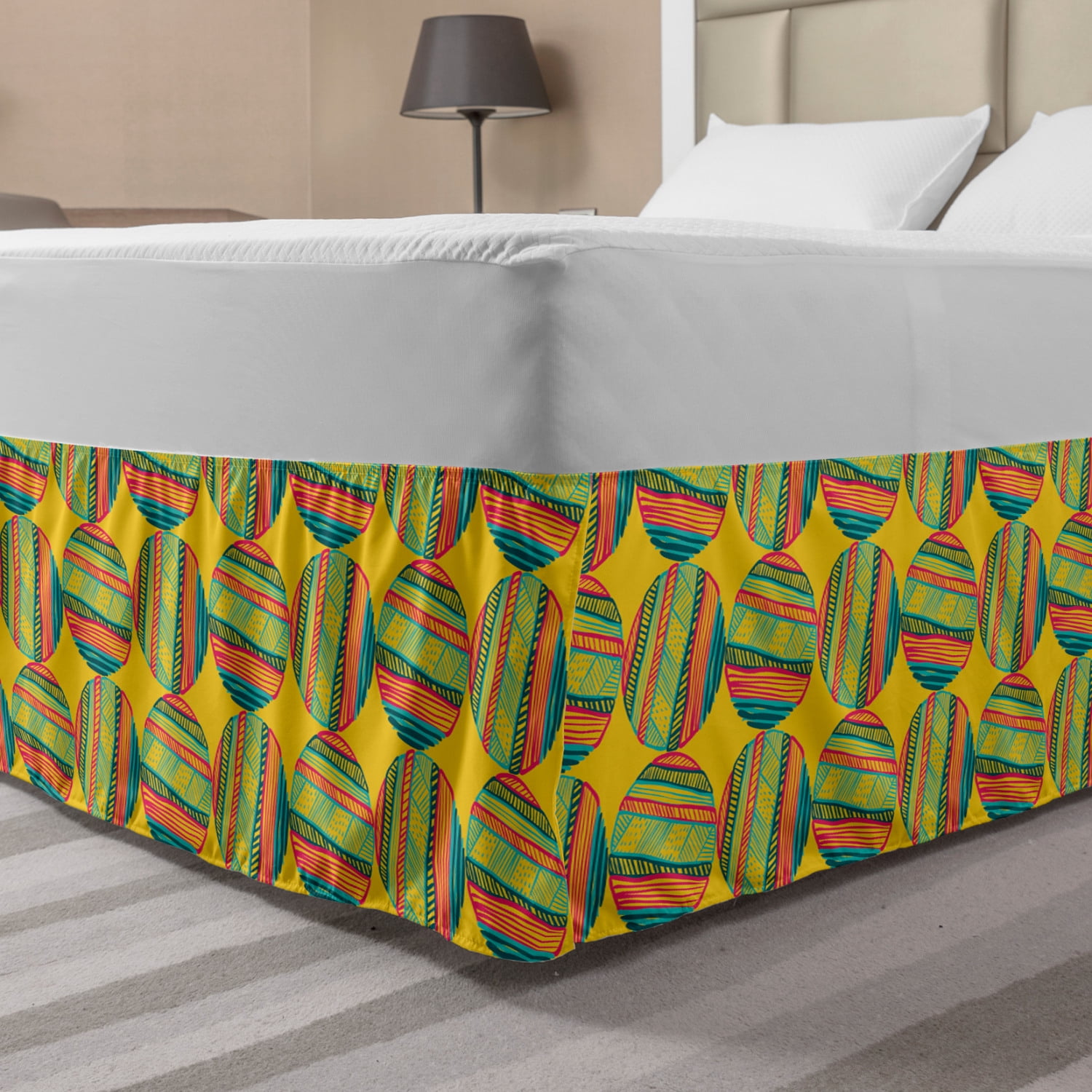African Bed Skirt, Abstract Geometric Forms in Boho Ornamental Stripes