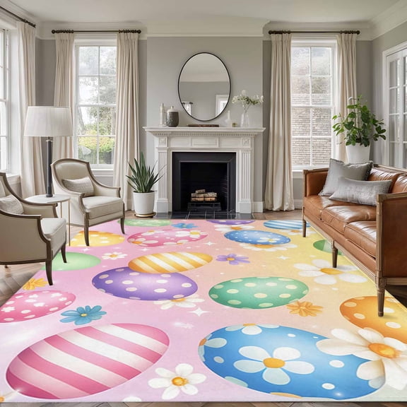 5'x7' Area Rugs for Living Room Bedroom, Easter Colorful Eggs Washable Rug Carpet Runner Indoor Outdoor, White Daisy Spring Flowers Non Slip Floor Mats Area Rug for Kitchen, Nursery