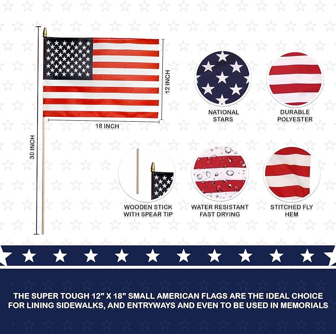 USA Stockfahnen Set – 25 Stück, 10,2 X 15,2 Cm, Aus Baumwolle, Auf Holzstab, Made In USA