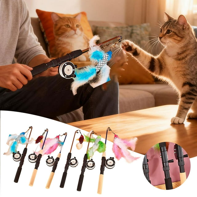 Canne à Pêche Interactive Rétractable pour Chat avec Plume Teaser pour Exercice et Jeu Intérieurs