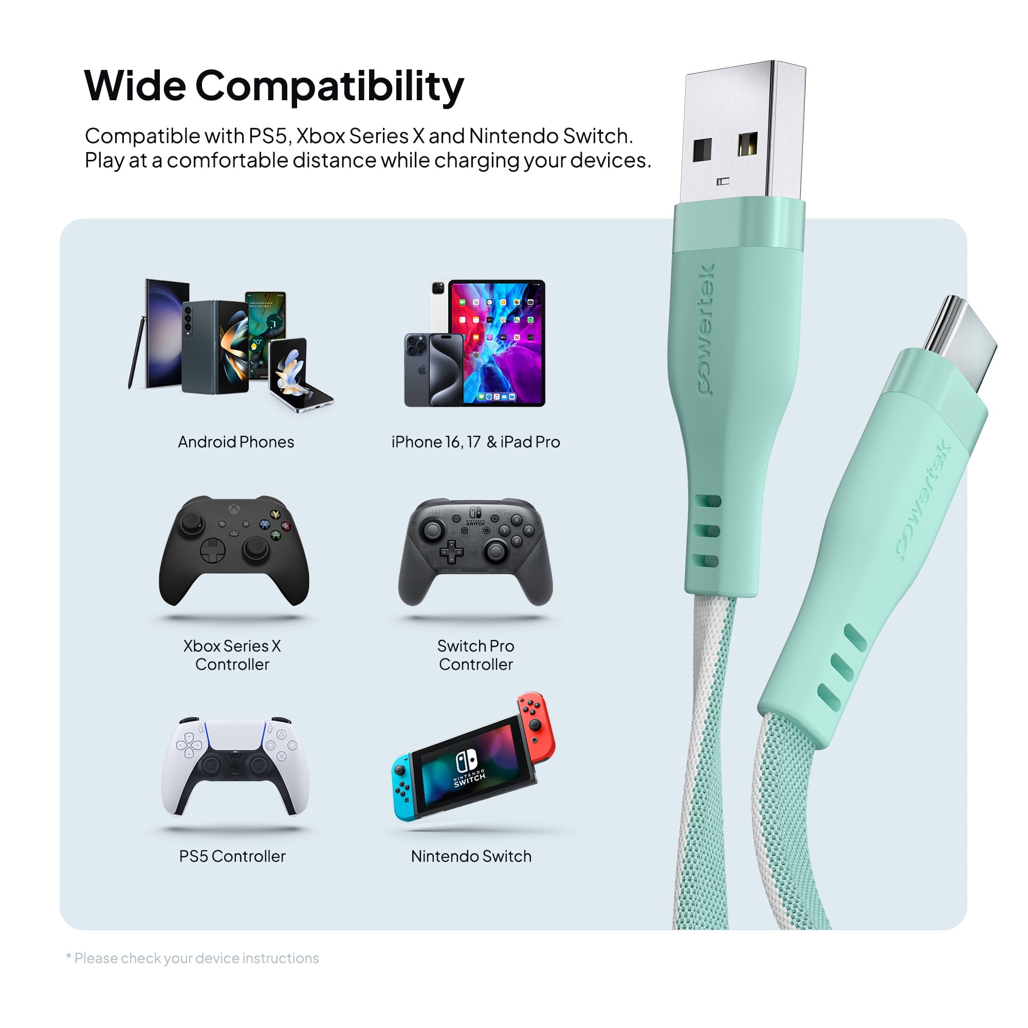 Powertek USB-A to USB-C Two-Tone Pastel Fast Charge Cable, 6 ft, Mint
