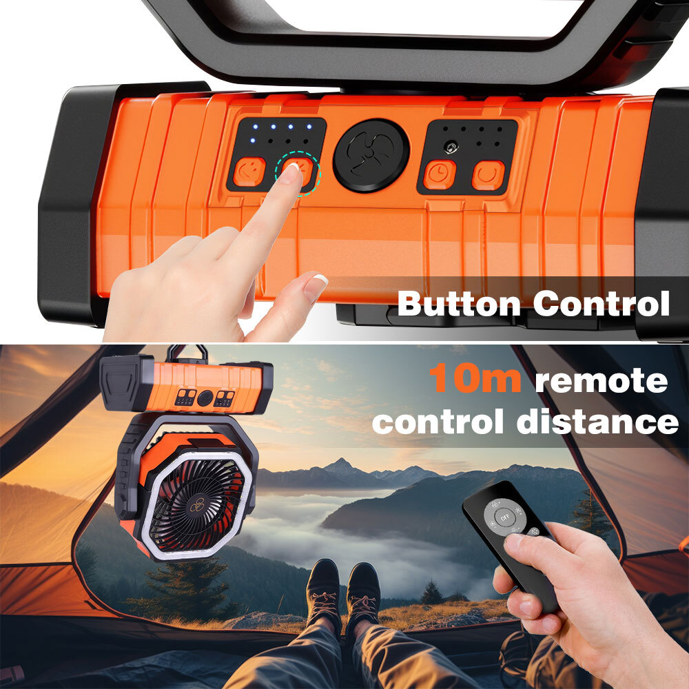 Camping Fan, Kepeak 20000mAh Rechargeable Personal Fan with Remote, Light, and Hook for Travel, Camping, Tent, Office - Orange