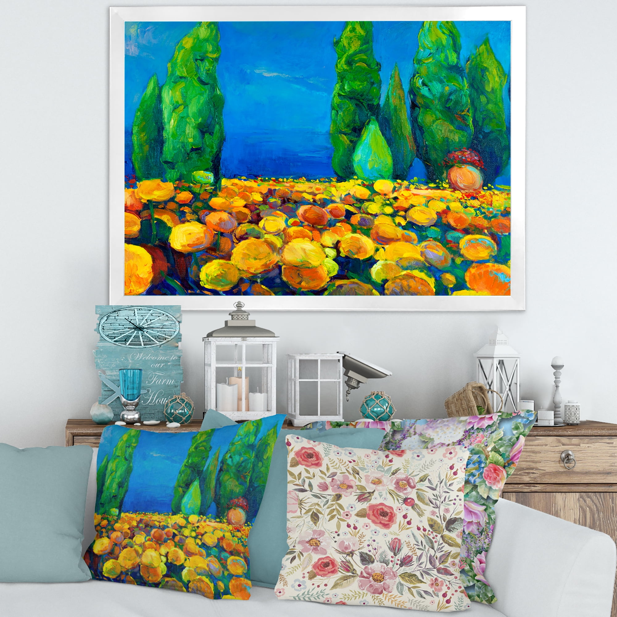 Designart 'Yellow Blossoming Flowers Landscape With Green Trees' Traditional Framed Art Print