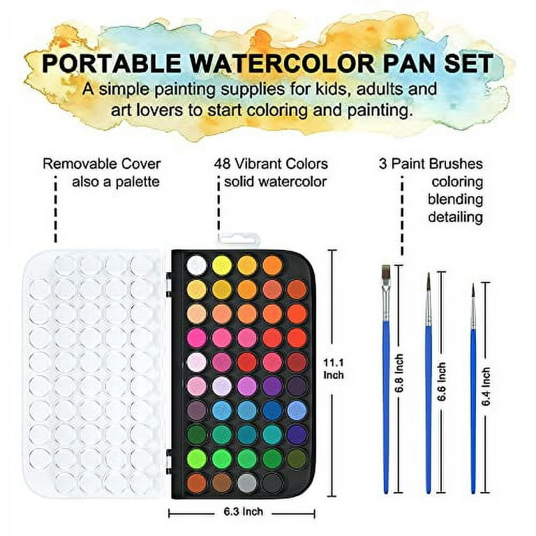 Shuttle Art Watercolor Paint Set, 48 Colors Watercolor Paint Pan Set with 3 Paint Brushes for Beginners, Artists, Kids & Adults to Watercolor Paint, B