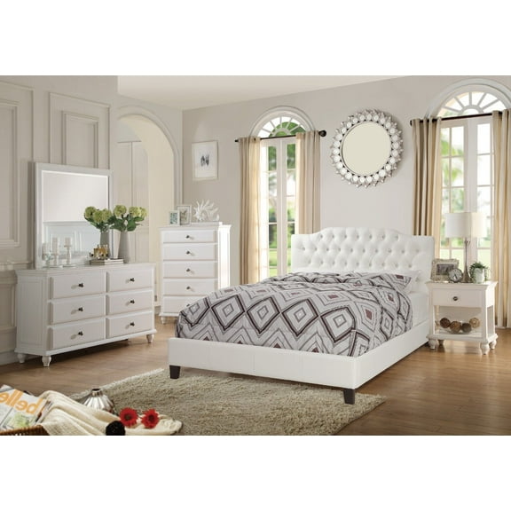 White Classic Full Size Bed Dresser Mirror Nightstand 4pc Set Bedroom Furniture Tufted Faux Leather Headboard Gorgeous Classic