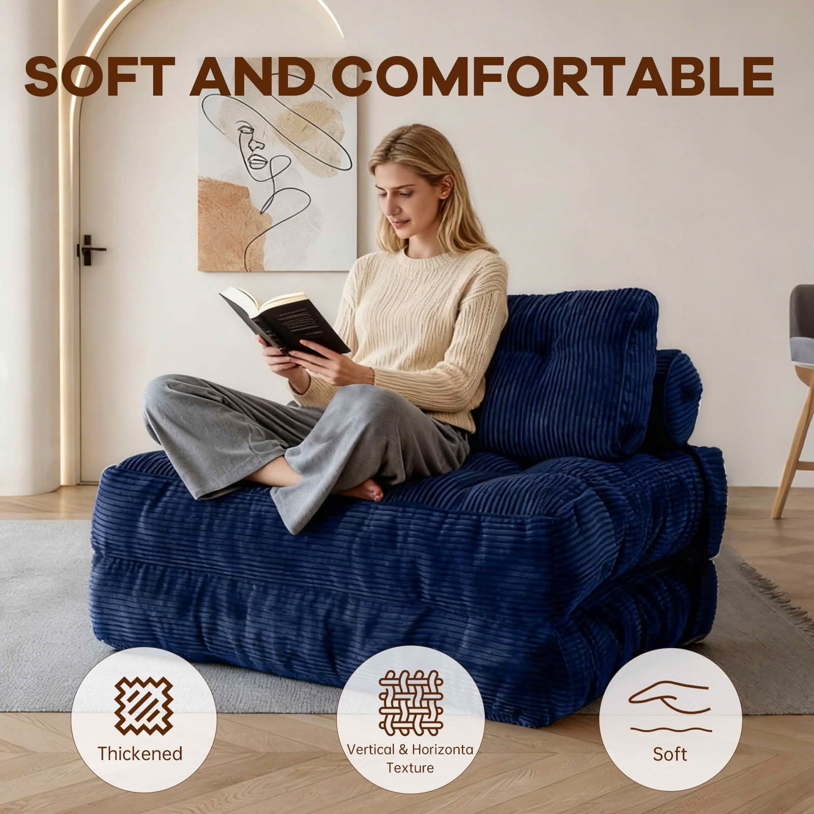 MAYEERTY Multifunctional 2-in-1 Convertible Single Sofa Bed, Modular Corduroy Floor Lounger for Compact Living Spaces，Blue