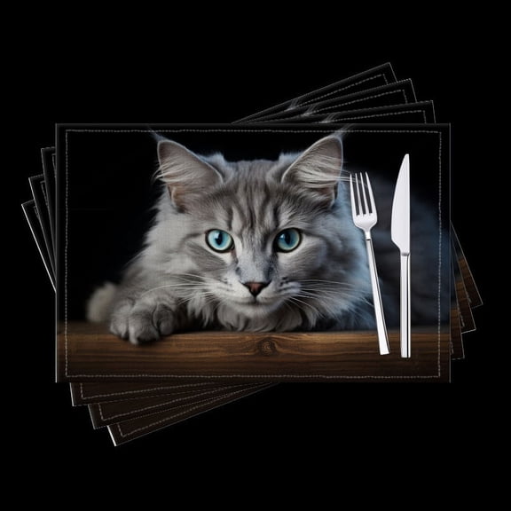 BaHomeck placemats Set of 4 Portrait Of Beautiful Fluffy Gray Cat With Blue Eyes Lying On Wooden Table Cotton Linen rectangle Placemats for Kitchen Dining Table Indoor,Outdoor,18*12inch