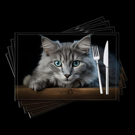 

BaHomeck placemats Set of 4 Portrait Of Beautiful Fluffy Gray Cat With Blue Eyes Lying On Wooden Table Cotton Linen rectangle Placemats for Kitchen Dining Table Indoor Outdoor 18*12inch
