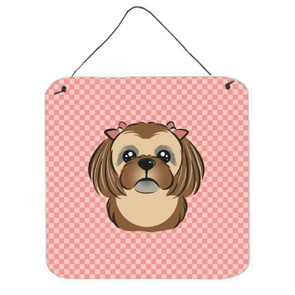 Checkerboard Pink Chocolate Brown Shih Tzu Aluminum Metal Wall Or Door Hanging Prints, 6 x 6 In.