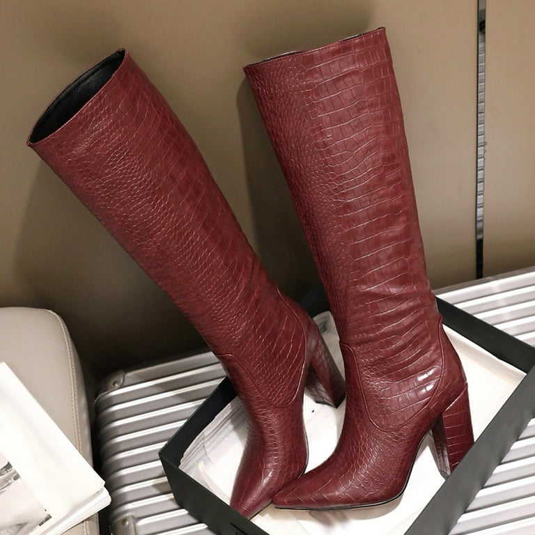 KIJBLAE Women s Knee High Boots Crocodile Embossed Leather Pointed Toe Chunky Heel Over The Knee Boots Wine 38 Walmart