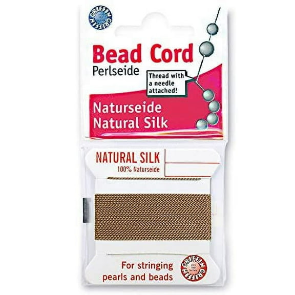 Griffin Silk Bead Cord Perlseide – Beige Color – Size 7 (0.75mm) – 2 Meters per Card – Stainless Steel Needle Attached – for Knotting Pearls, Gemstones, Crystals and Beads