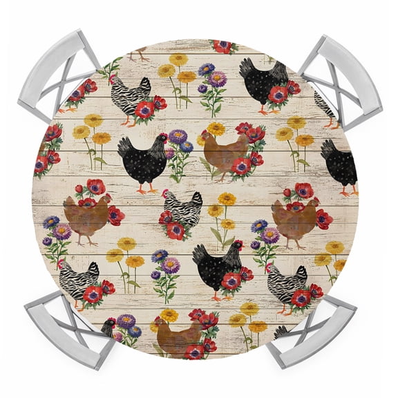 Farmhouse Rooster Round Tablecloth for 55-60 Inch Tables,Fitted Table Cover with Elastic Edge,Vintage Watercolor Flowers Wood Grain Waterproof Outdoor Table Cloth Protector for Patio Garden Dinner