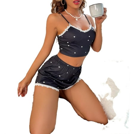 

2pcs Set Cute Cami Short Sets Sleeveless Black Women s Pajama Sets (Women s)