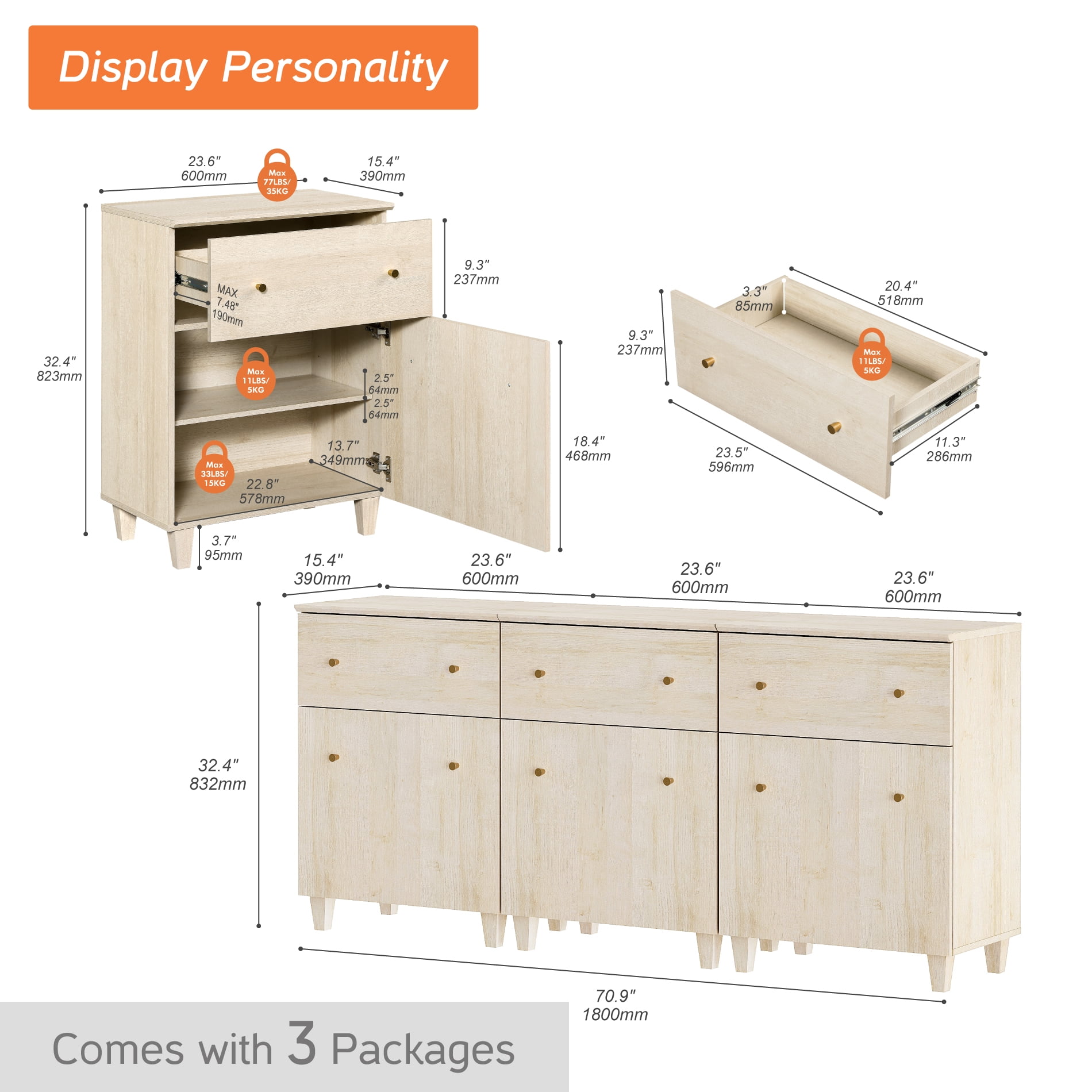 WAMPAT TV Stand Cabinets for 75+ Inch Flat Screen, 3-in-1 Modern Highboy Wooden Entertainment Center with 3 Drawers and Shelves, Light Oak