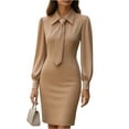 thumbnail image 2 of Women's Work Dress Office Dress Long Sleeve Solid Color Waist Defining with Belt Elegant Midi Dress for Commuting Spring Fall,Khaki,L, 2 of 4