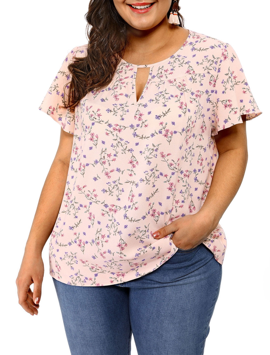 Women's Plus Size Keyhole Floral Printed Chiffon Flared Sleeve Blouse ...