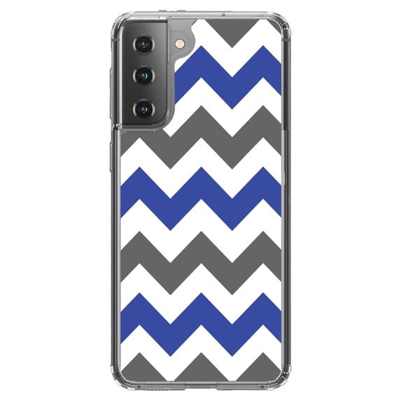 DistinctInk Clear Shockproof Hybrid Case for Galaxy S21  PLUS 5G (6.7" Screen) - TPU Bumper, Acrylic Back, Tempered Glass Screen Protector - Blue Grey Chevron Stripes - Chevron Stripes