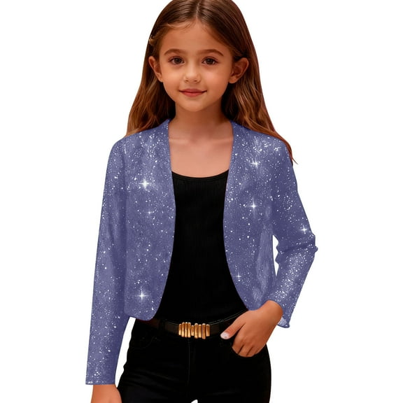 BFHHYA Girls' Sparkle Shiny Cardigan Long Sleeve Cropped Cardigan Casual Shrug for Dress & Daily Wear, for Holiday Gatherings & Formal Events(4-14Y)