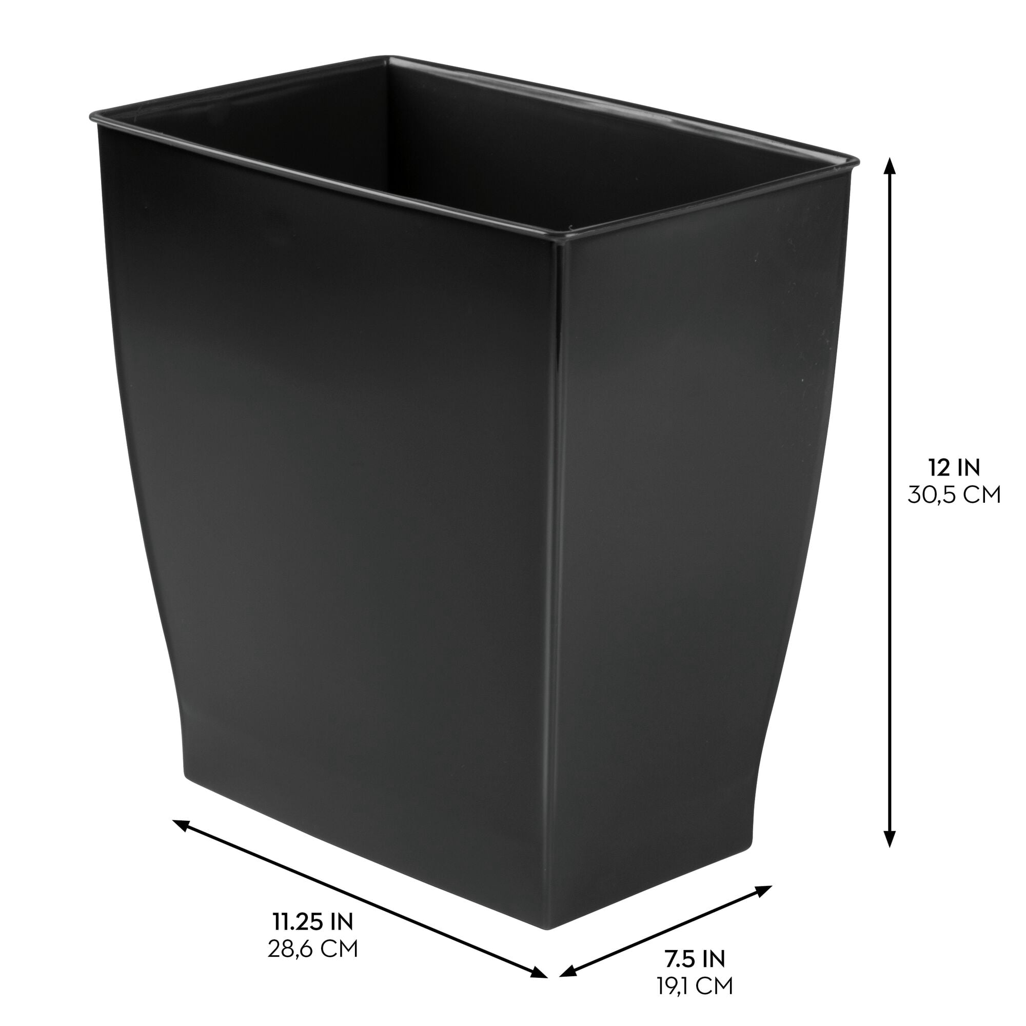 iDesign Bathroom Vanity Trash Can, 2.5 Gallon Plastic Rectangular Open Top Garbage Bin, 2 Pack, Black