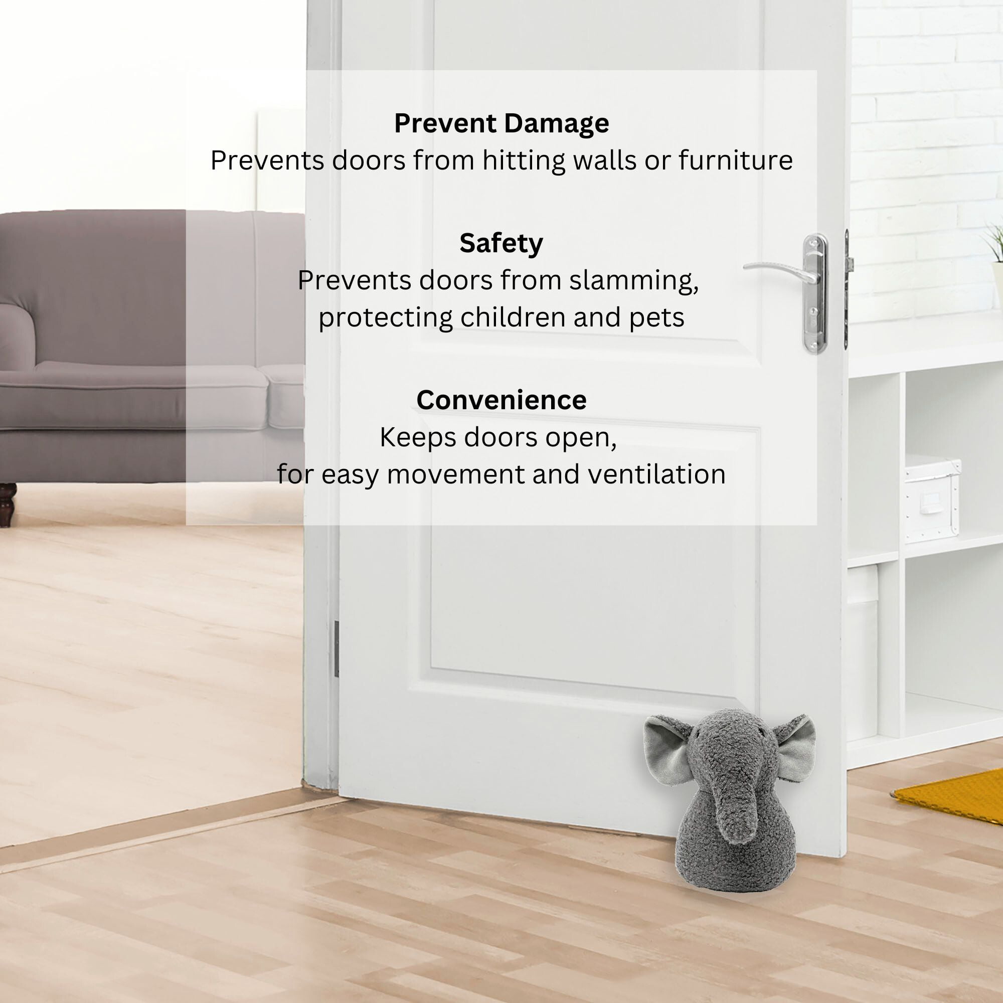 Decorative Elephant Door Stopper - Heavyweight 2.3 lb. Fabric Holder for Home and Office - Cute Animal Design to Keep Interior Doors Open, Prevent Damage, Protect Children & Pets - Gray