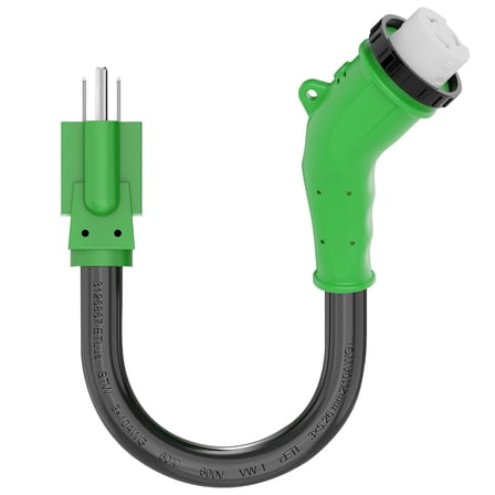RVGUARD 50 Amp to 110 Volt RV Adapter Cord with 135 Degree Locking Connector, NEMA 5-15P to NEMA SS2-50R Electrical Power Adapter with LED Power Indicator, 18 Inch, Green, ETL Listed