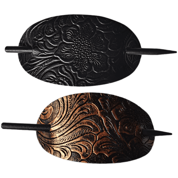 2 Pcs Hairpin Ponytail Holders, Retro Oval Leather Barrette with Wood Hair Stick, Embossed Clips for Women, Vintage Hair Styling Accessories for Updos and Daily Wear