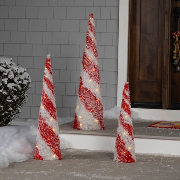 Northlight LED Lighted Snowy Candy Cane Christmas Cone Tree Decorations - 39.5" - White and Red -Set