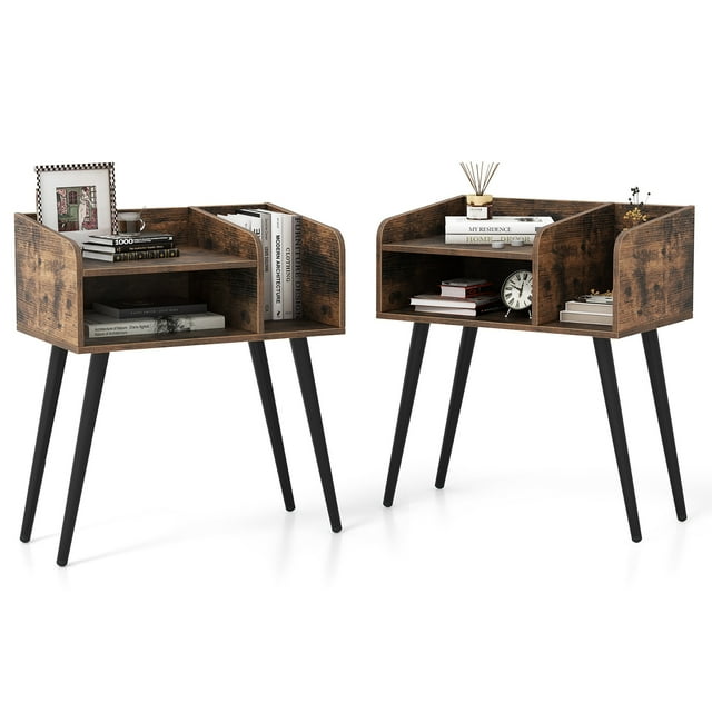 Gymax 2 Pcs Table d'Appoint Mi-Siècle Moderne avec Étagères Ouvertes Pieds de Support en Métal Brun Rustique et Noir