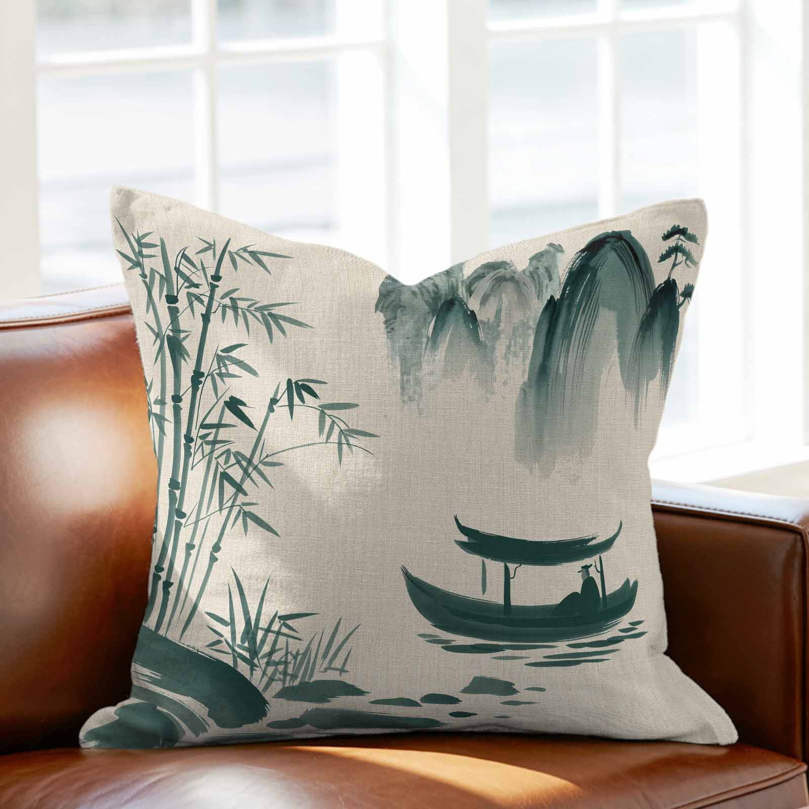 Throw Pillow Covers 26 x 26 Inch, Green Mountains Cotton Linen Pillows Cases, Modern Watercolor Nature Country Landscape Square Cushion Covers for Couch Sofa Bed