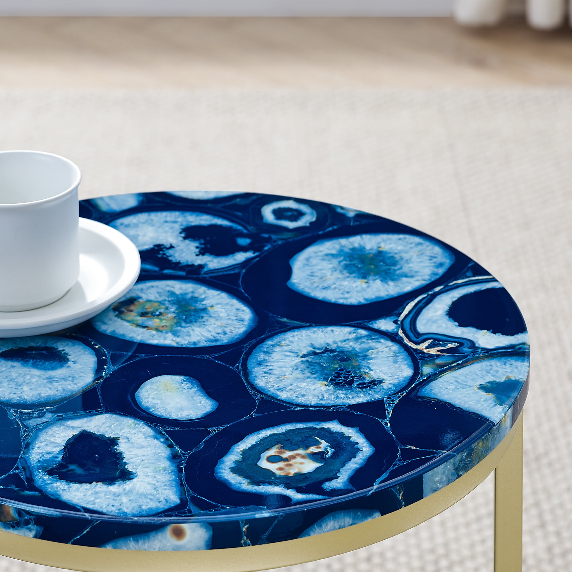 Manor Park Faux Agate Modern Glam Round End Table, Blue